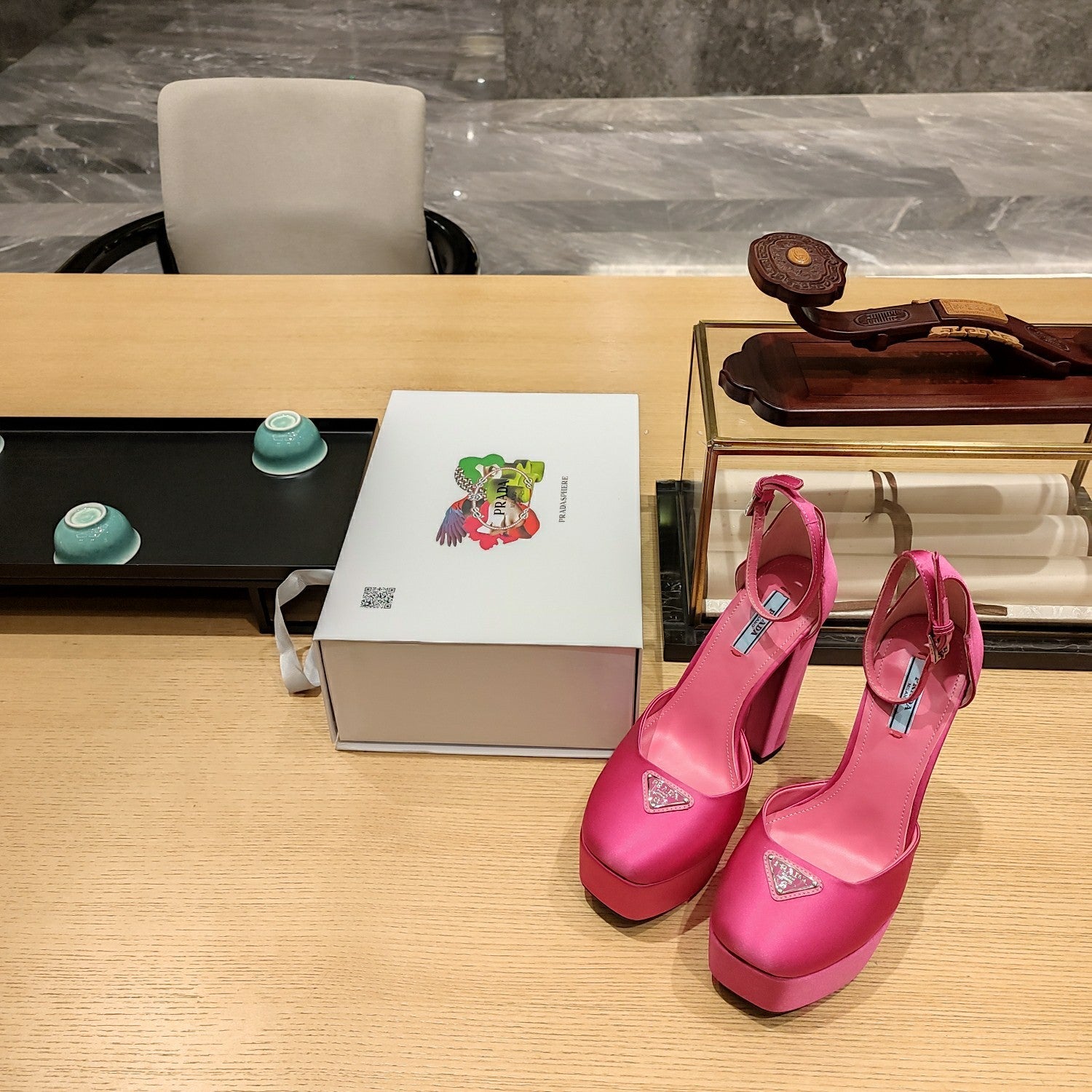 PRADA 26S PLATFORM ANKLE STRAP PUMPS 135MM IN PINK SATIN