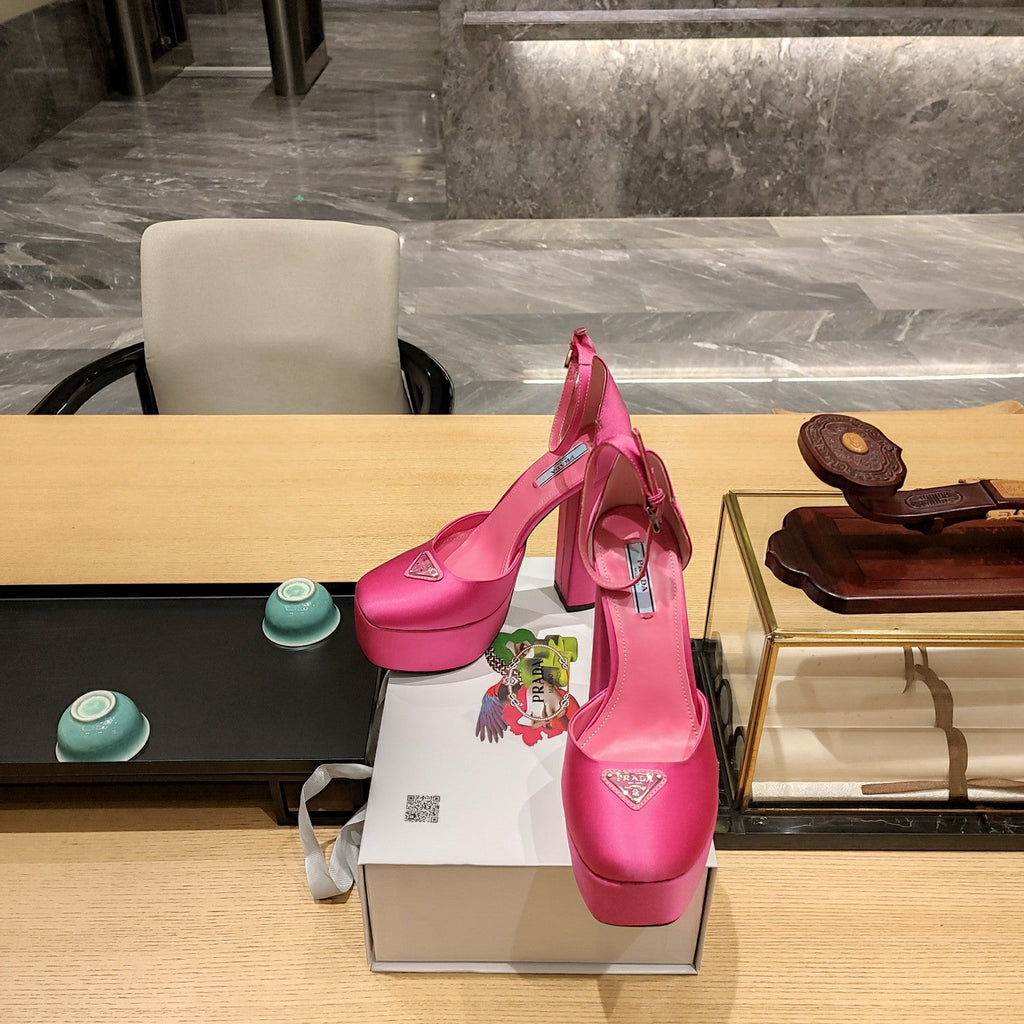 PRADA 26S PLATFORM ANKLE STRAP PUMPS 135MM IN PINK SATIN