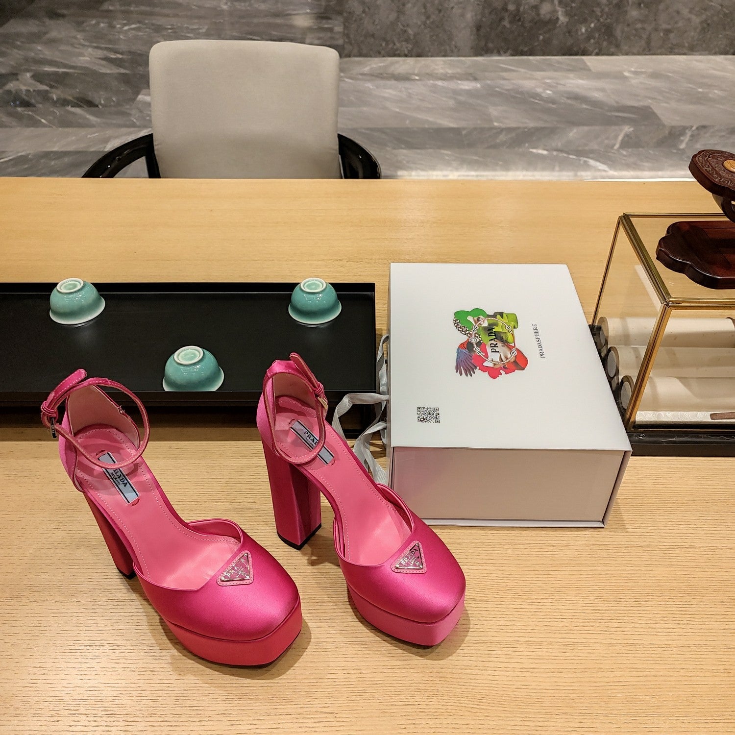 PRADA 26S PLATFORM ANKLE STRAP PUMPS 135MM IN PINK SATIN