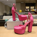 PRADA 26S PLATFORM ANKLE STRAP PUMPS 135MM IN PINK SATIN