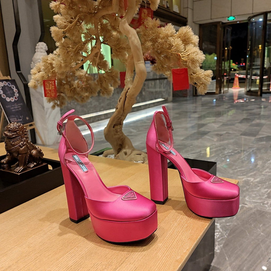 PRADA 26S PLATFORM ANKLE STRAP PUMPS 135MM IN PINK SATIN