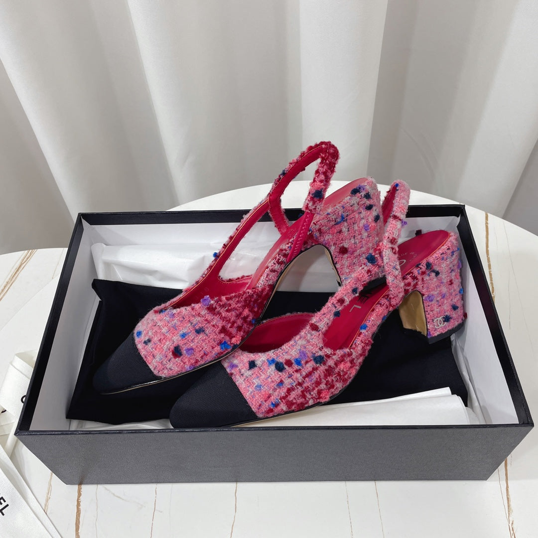 CHANEL 26S HIGH-HEEL SLINGBACKS 65 MM IN BLACK MIX PINK TWEED