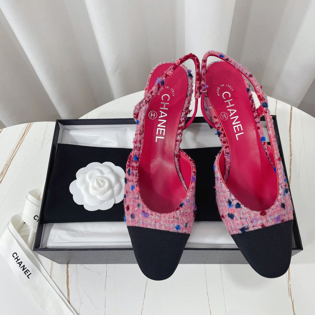 CHANEL 26S HIGH-HEEL SLINGBACKS 65 MM IN BLACK MIX PINK TWEED
