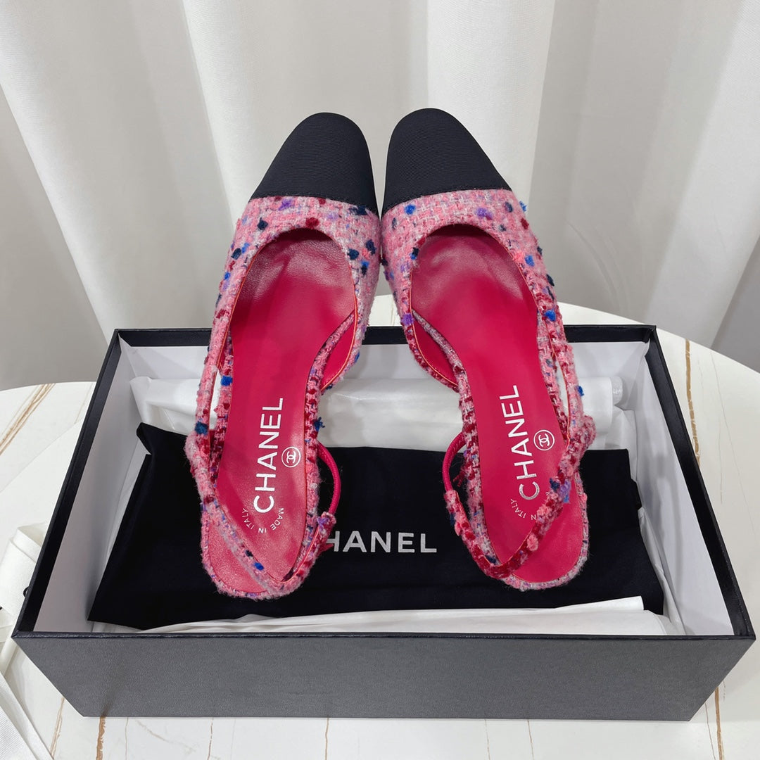 CHANEL 26S HIGH-HEEL SLINGBACKS 65 MM IN BLACK MIX PINK TWEED