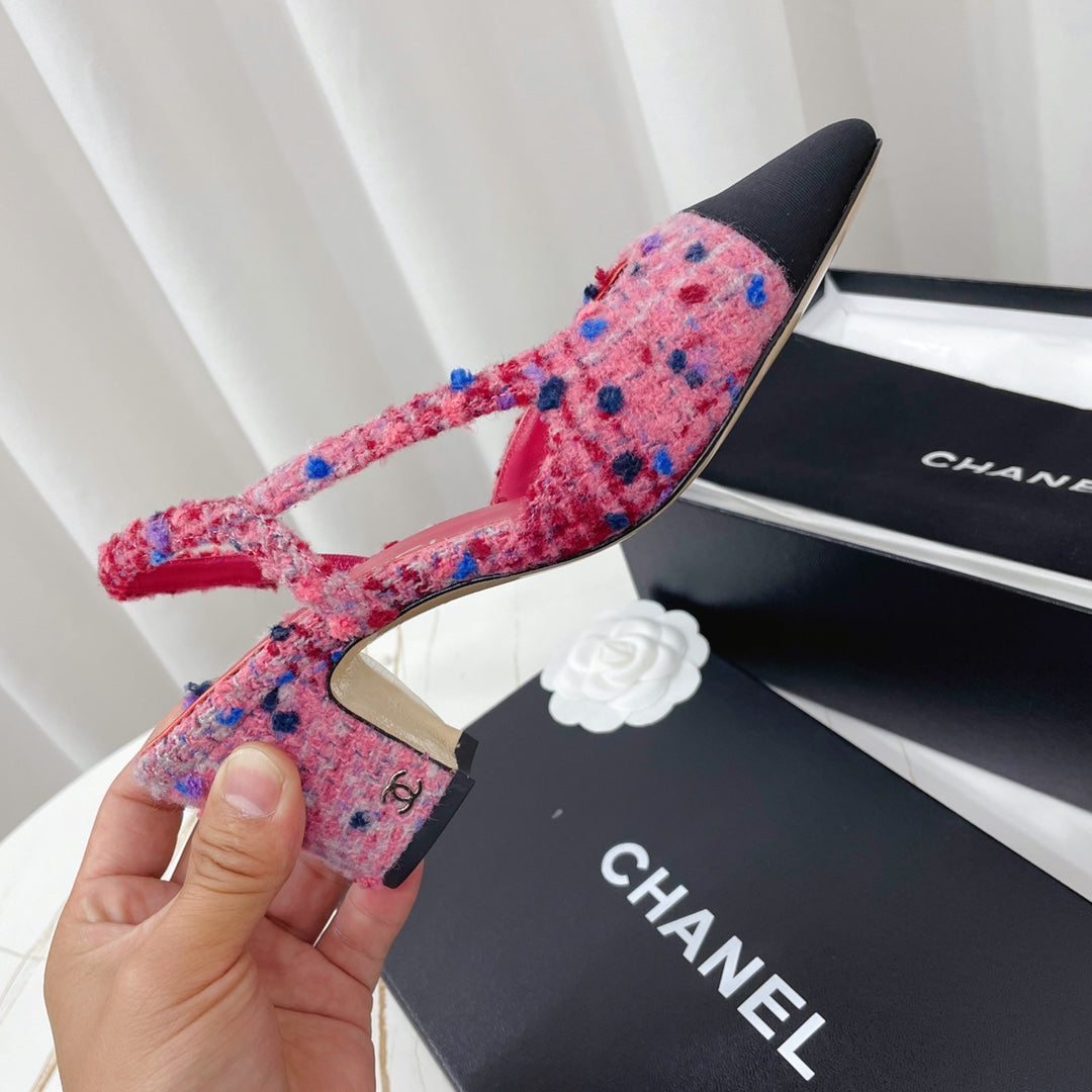 CHANEL 26S HIGH-HEEL SLINGBACKS 65 MM IN BLACK MIX PINK TWEED