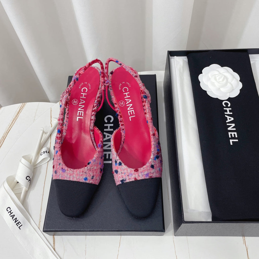 CHANEL 26S HIGH-HEEL SLINGBACKS 65 MM IN BLACK MIX PINK TWEED