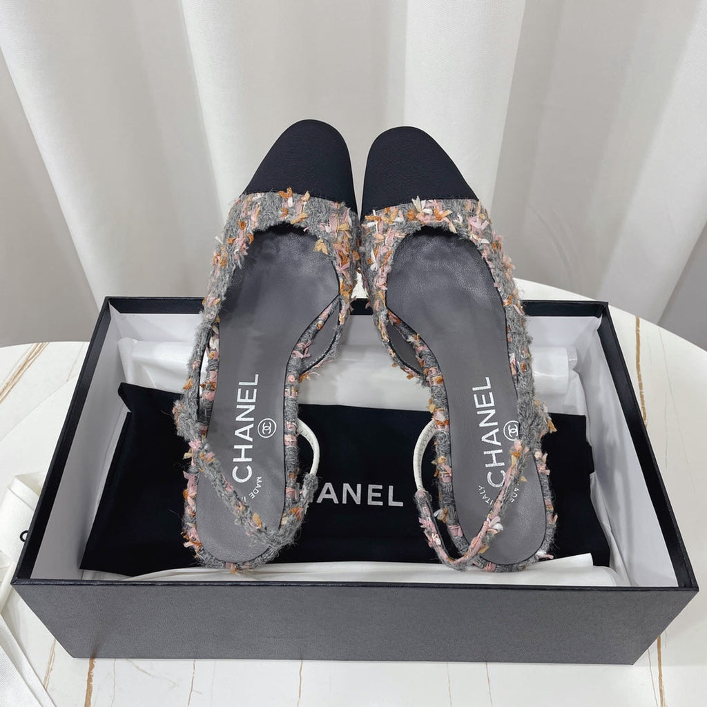 CHANEL 26S HIGH-HEEL SLINGBACKS 65 MM IN BLACK MIX GREY TWEED