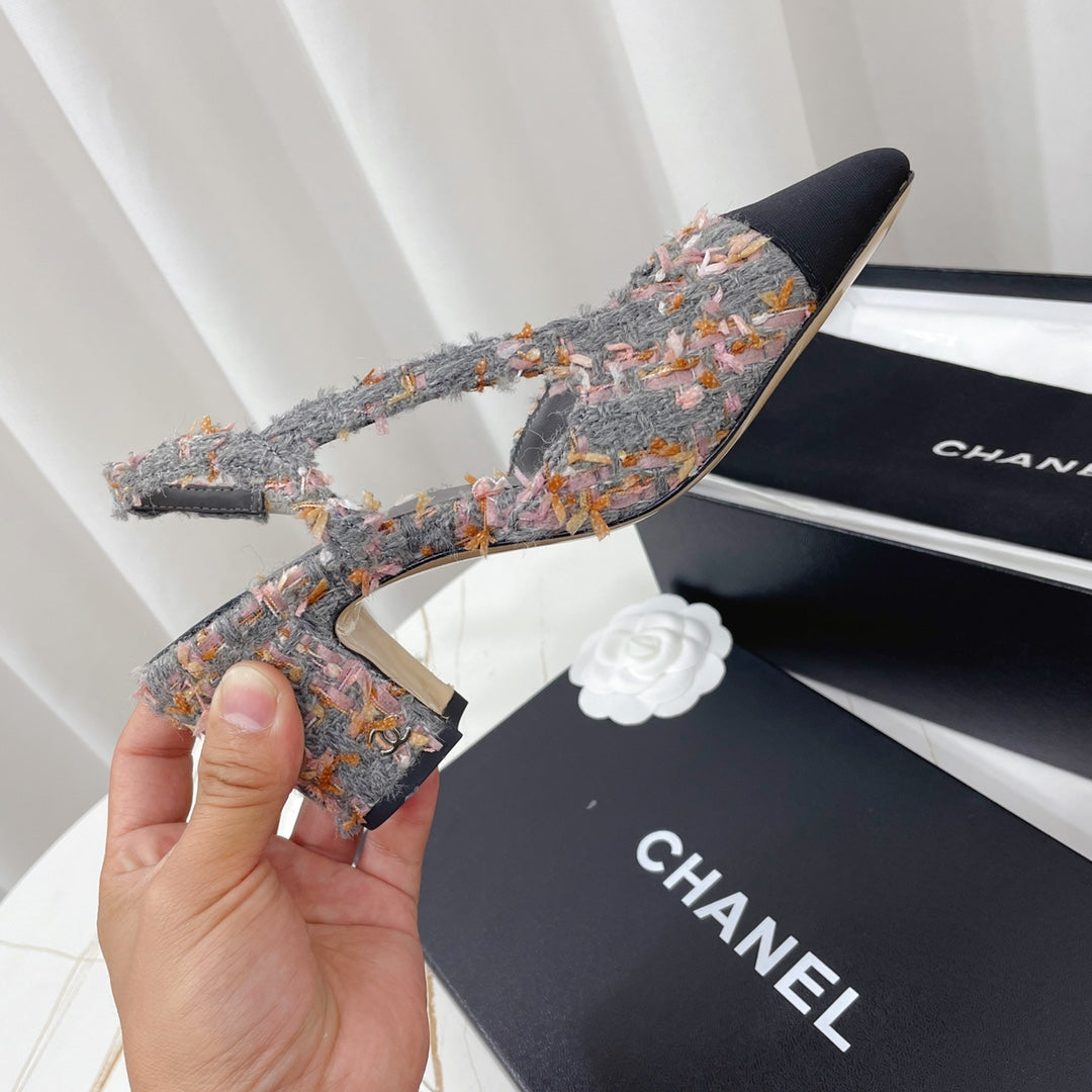 CHANEL 26S HIGH-HEEL SLINGBACKS 65 MM IN BLACK MIX GREY TWEED