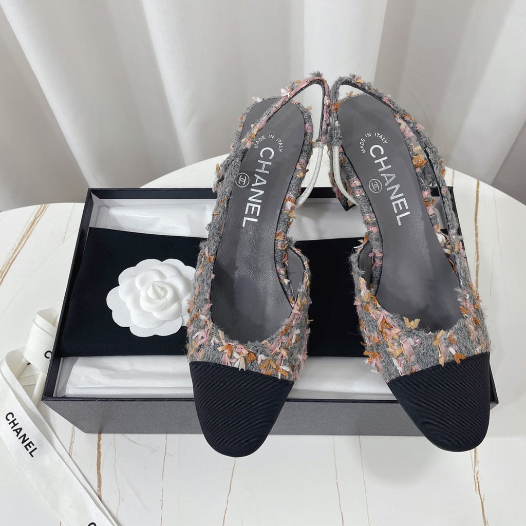CHANEL 26S HIGH-HEEL SLINGBACKS 65 MM IN BLACK MIX GREY TWEED