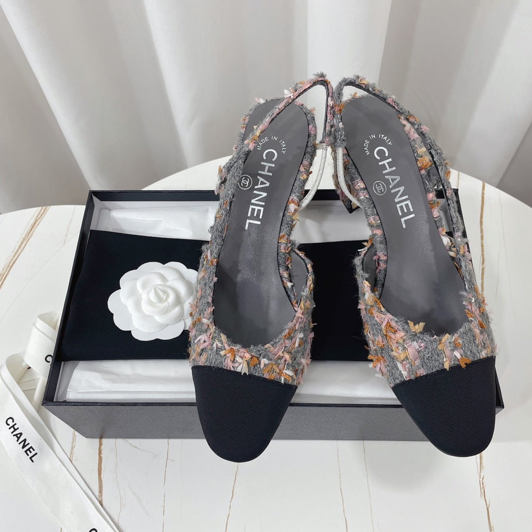 CHANEL 26S HIGH-HEEL SLINGBACKS 65 MM IN BLACK MIX GREY TWEED