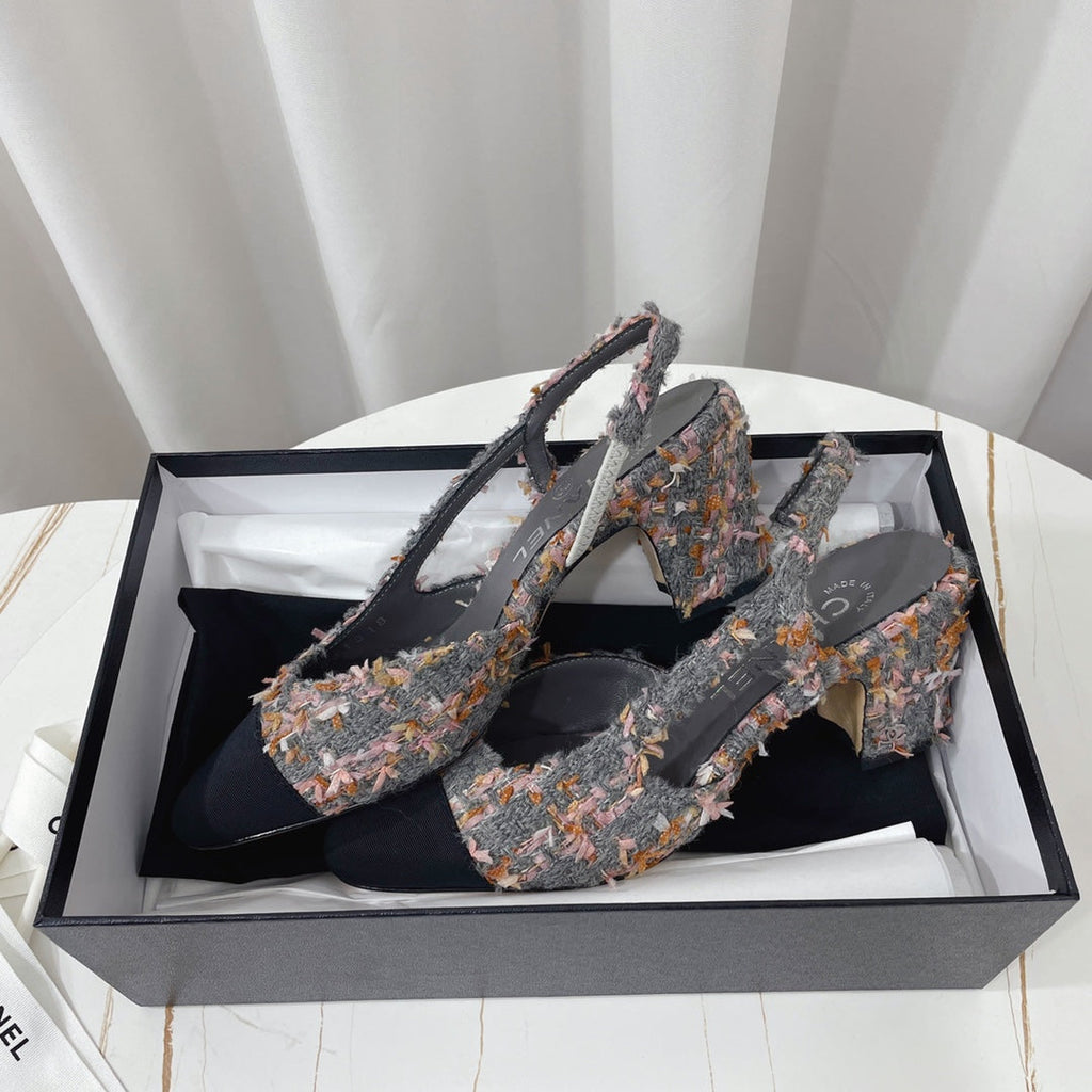 CHANEL 26S HIGH-HEEL SLINGBACKS 65 MM IN BLACK MIX GREY TWEED