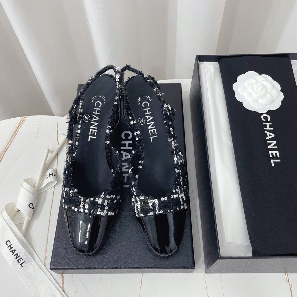 CHANEL 26S HIGH-HEEL SLINGBACKS 65 MM IN BLACK MIX WHITE TWEED