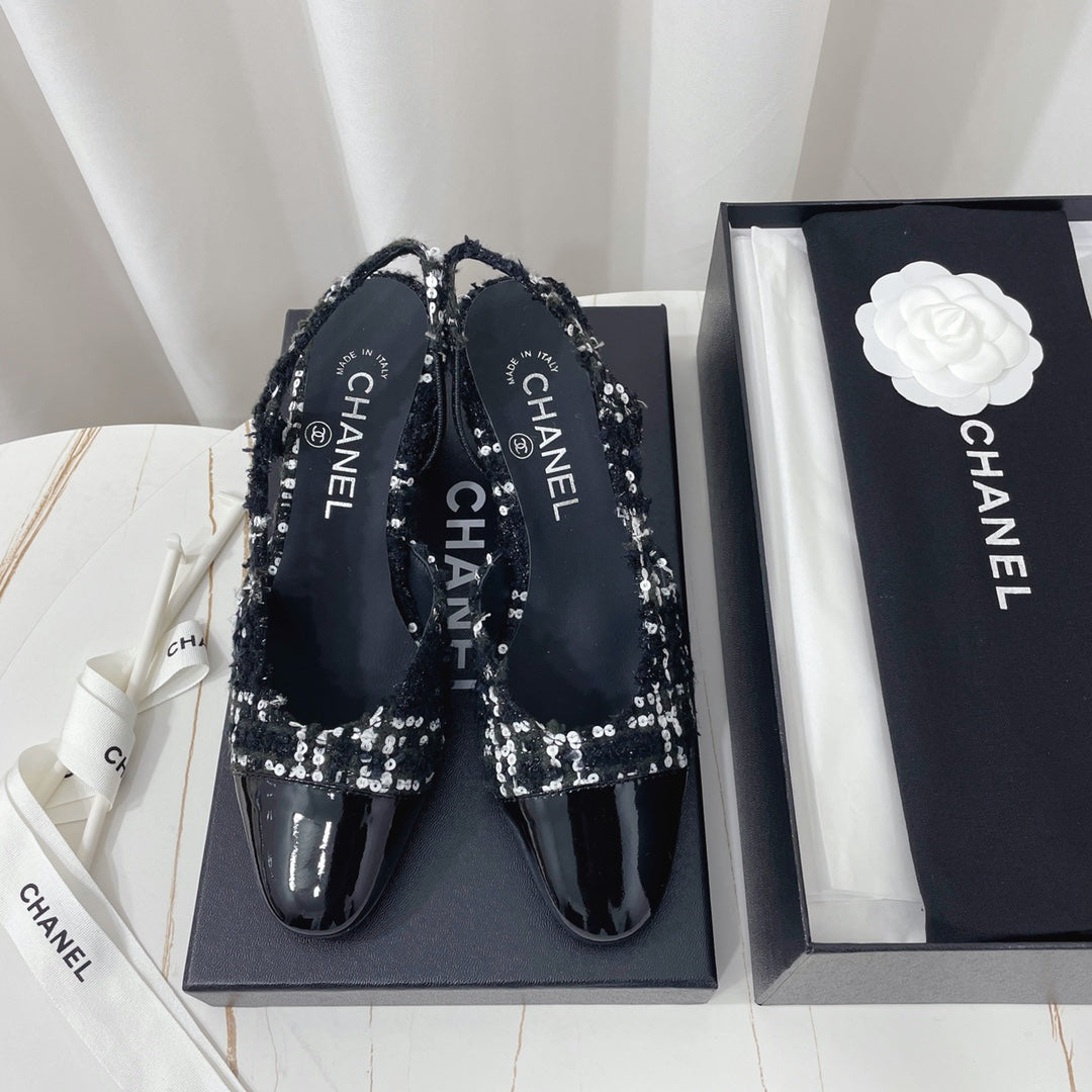 CHANEL 26S HIGH-HEEL SLINGBACKS 65 MM IN BLACK MIX WHITE TWEED