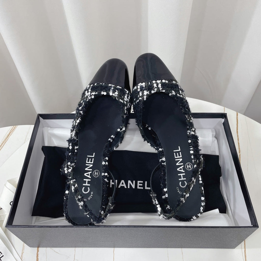 CHANEL 26S HIGH-HEEL SLINGBACKS 65 MM IN BLACK MIX WHITE TWEED
