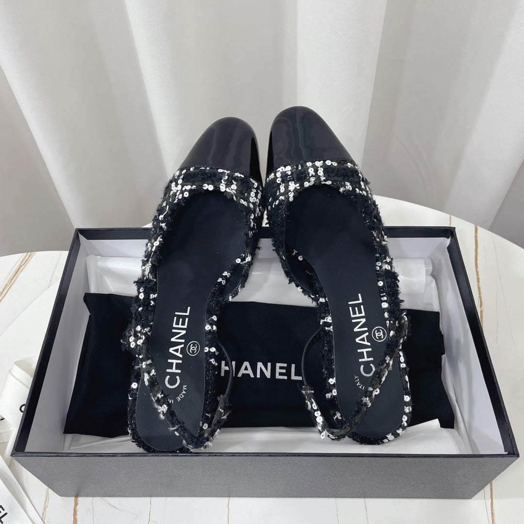 CHANEL 26S HIGH-HEEL SLINGBACKS 65 MM IN BLACK MIX WHITE TWEED