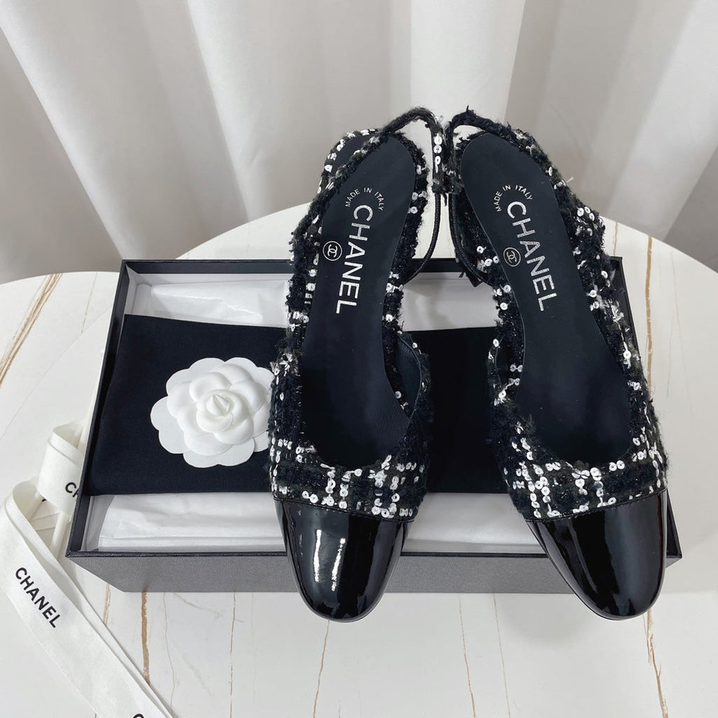 CHANEL 26S HIGH-HEEL SLINGBACKS 65 MM IN BLACK MIX WHITE TWEED