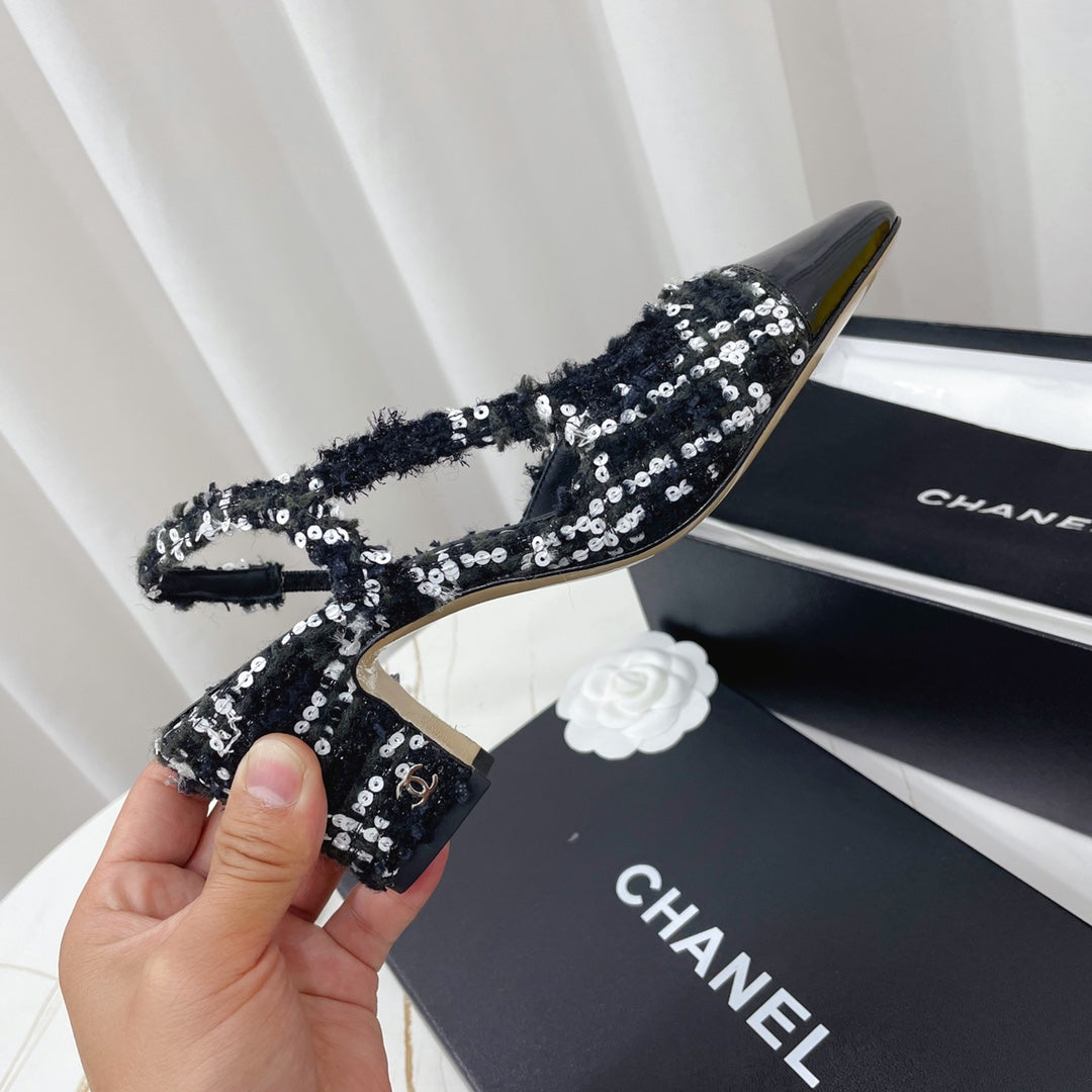 CHANEL 26S HIGH-HEEL SLINGBACKS 65 MM IN BLACK MIX WHITE TWEED