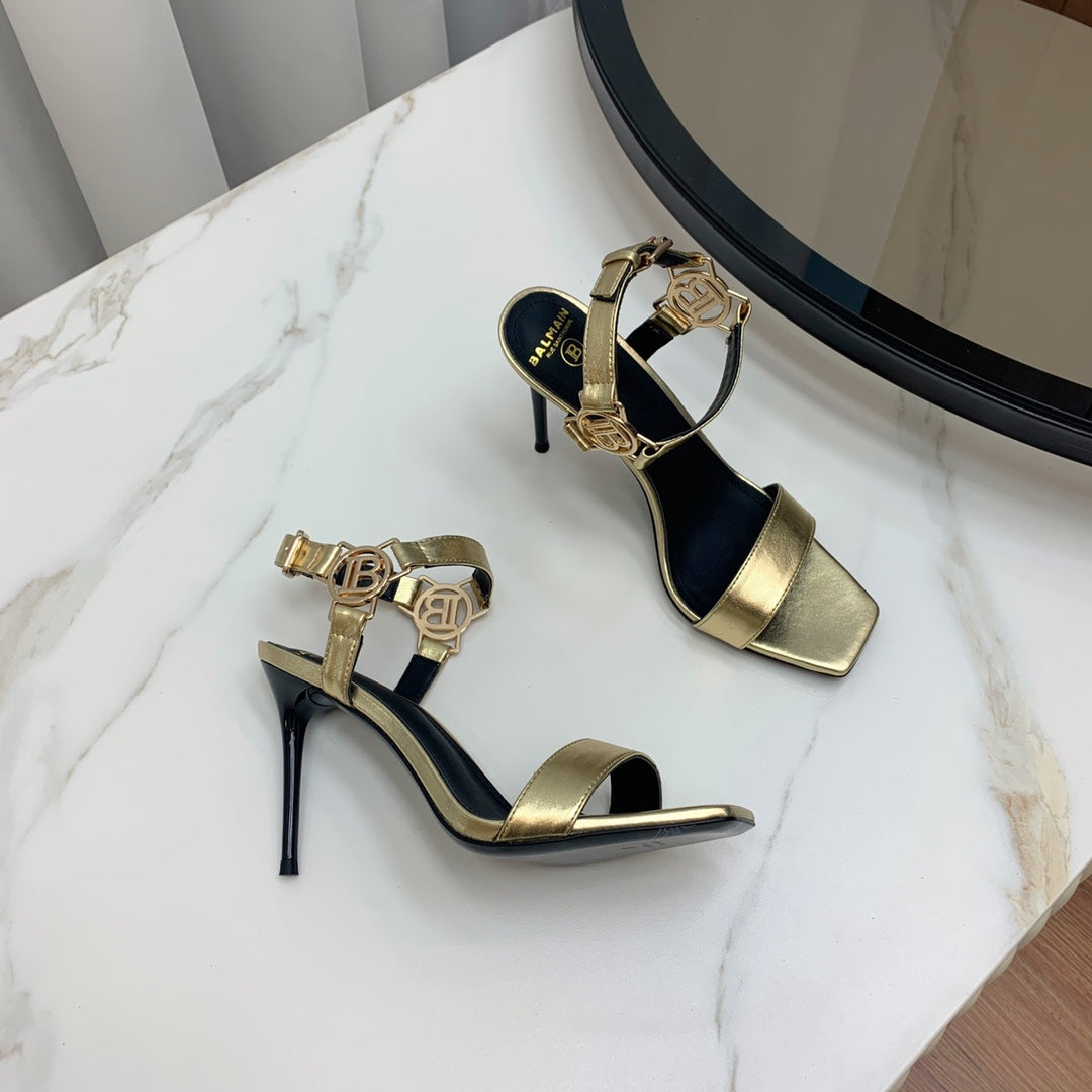 BALMAIN 25S HIGH HEELS WITH B METAL DETAIL 95MM IN GOLD CALFSKIN