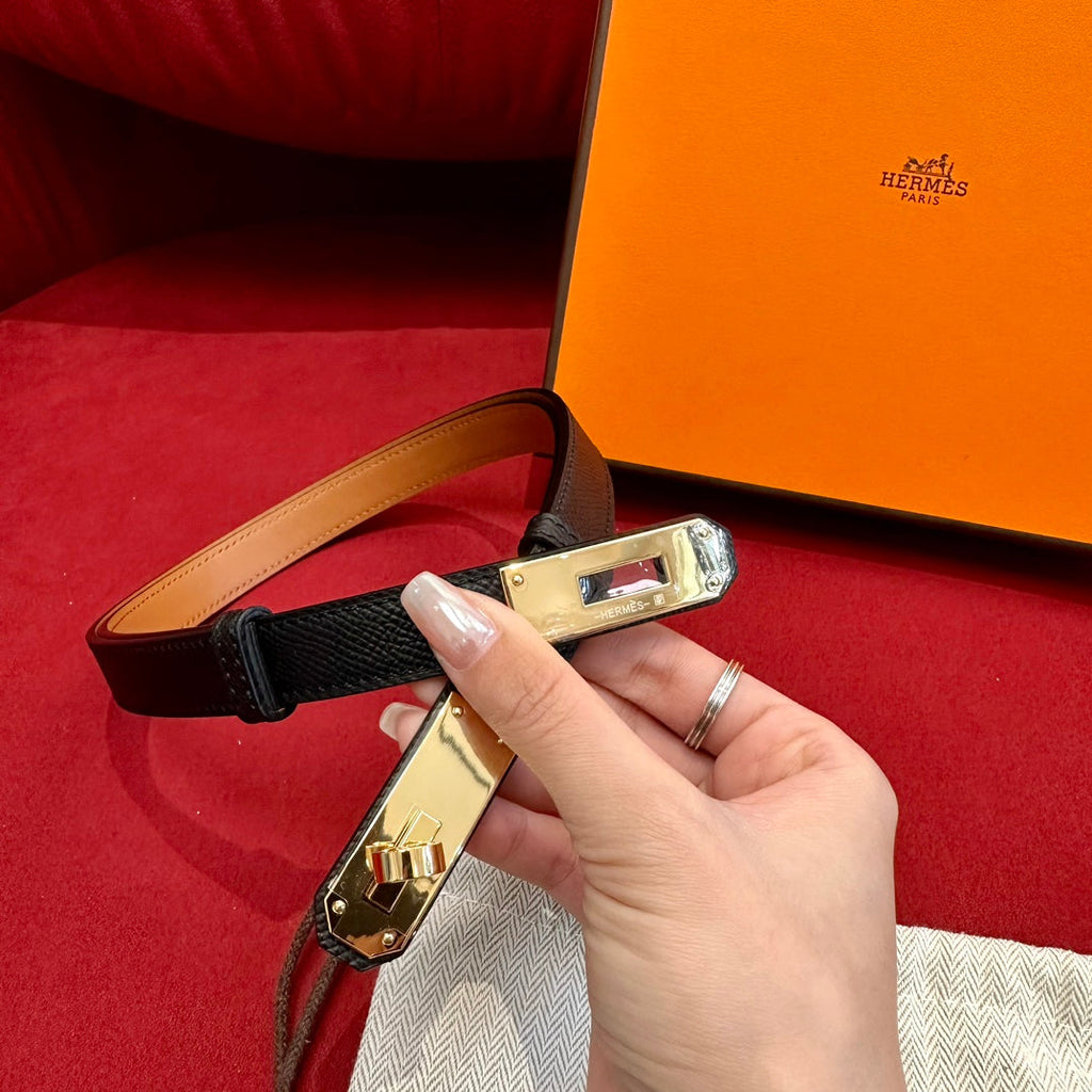 HM KELLY BELT  IN BLACK CALFSKIN GOLD HARDWARE
