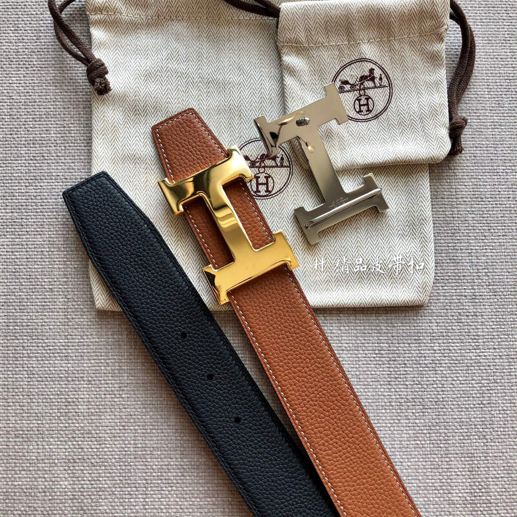 HM BELT BUCKLE & REVERSIBLE BLACK AND BRONZE BROWN LEATHER STRAP 38MM