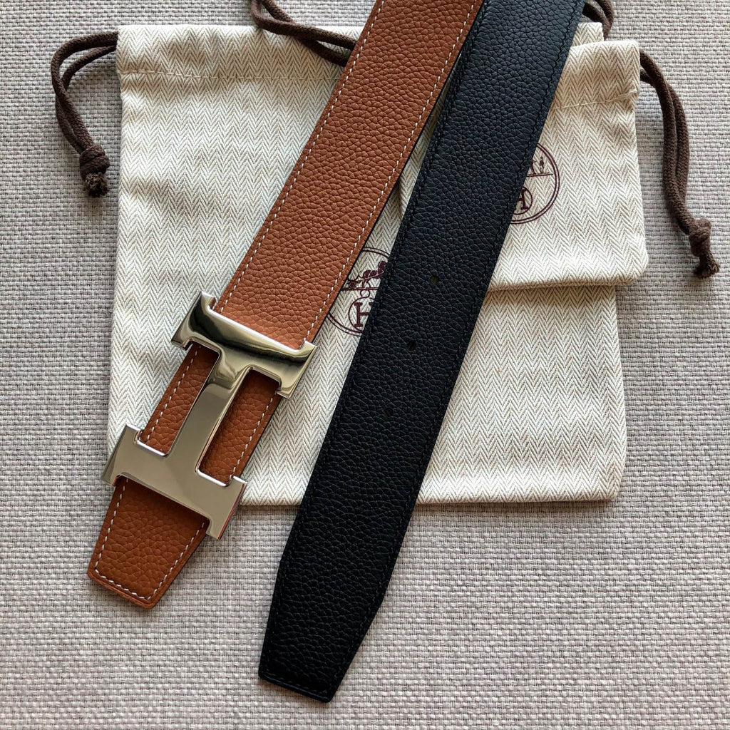 HM BELT BUCKLE & REVERSIBLE BLACK AND BRONZE BROWN LEATHER STRAP 38MM