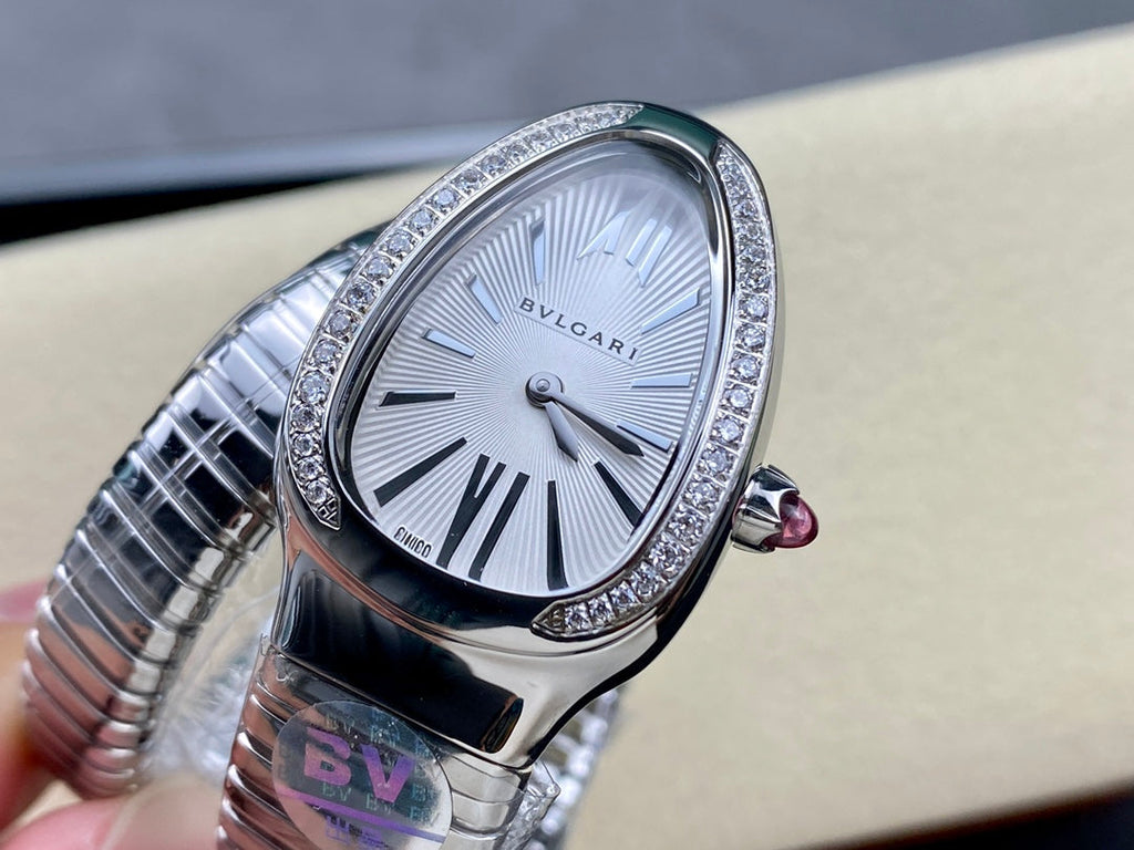 SERPENTI TUBOGAS QUARTZ STEEL ATTACHED DIAMOND BEZEL SILVER OPALINE DIAL