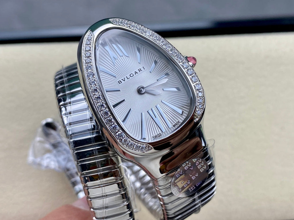 SERPENTI TUBOGAS QUARTZ STEEL ATTACHED DIAMOND BEZEL SILVER OPALINE DIAL