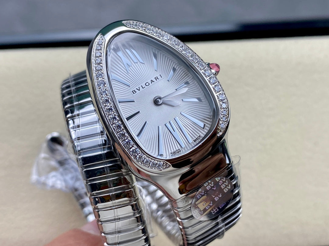 SERPENTI TUBOGAS QUARTZ STEEL ATTACHED DIAMOND BEZEL SILVER OPALINE DIAL