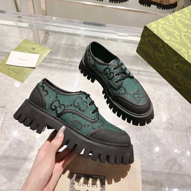 GUCCI 26S LACE-UP SHOES IN DARK GREEN GG CANVAS
