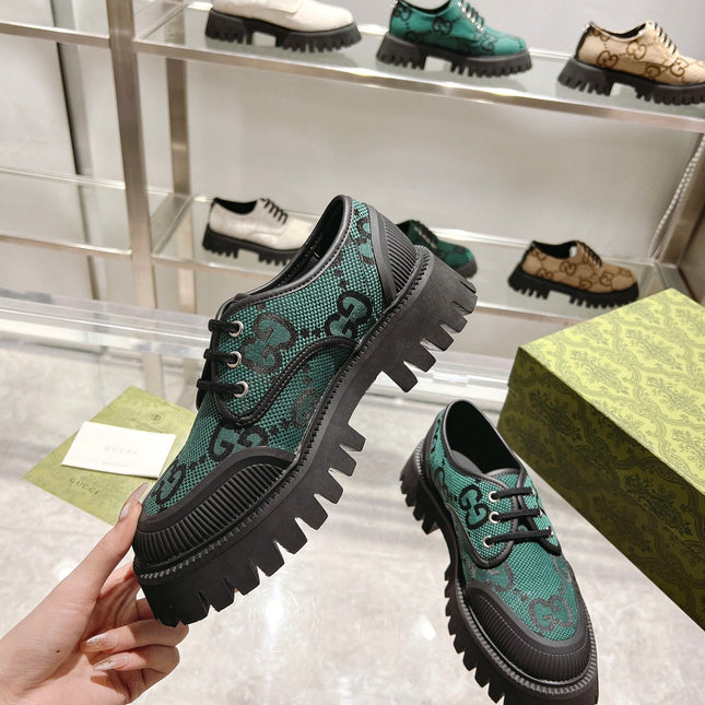 GUCCI 26S LACE-UP SHOES IN DARK GREEN GG CANVAS