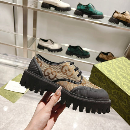 GUCCI 26S LACE-UP SHOES IN BEIGE AND BLACK GG CANVAS