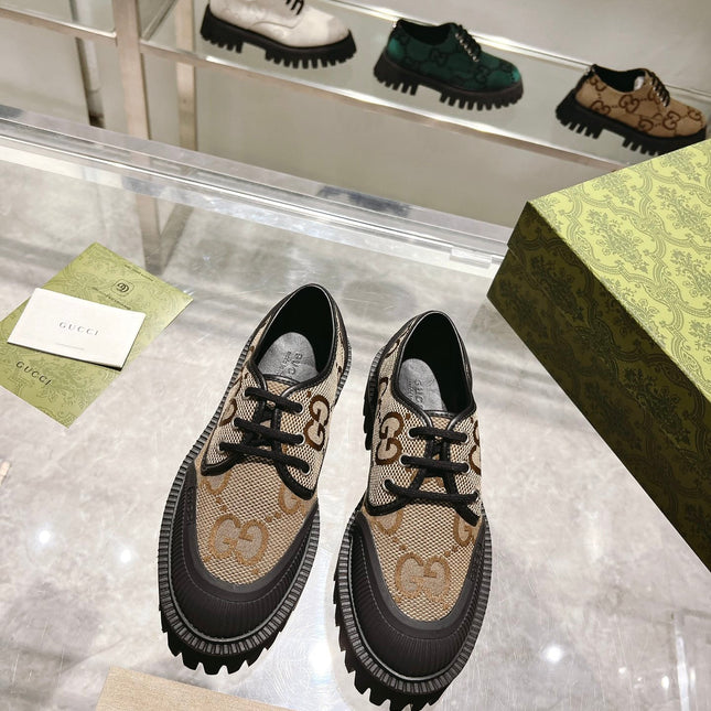 GUCCI 26S LACE-UP SHOES IN BEIGE AND BLACK GG CANVAS