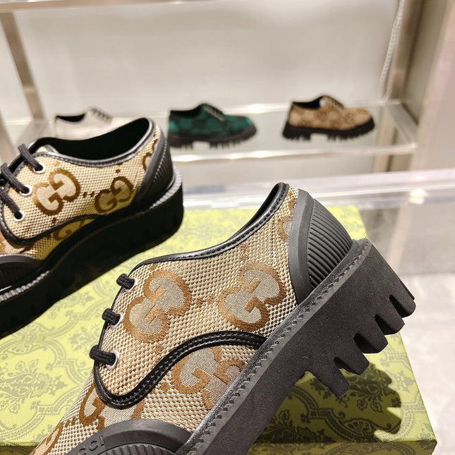 GUCCI 26S LACE-UP SHOES IN BEIGE AND BLACK GG CANVAS