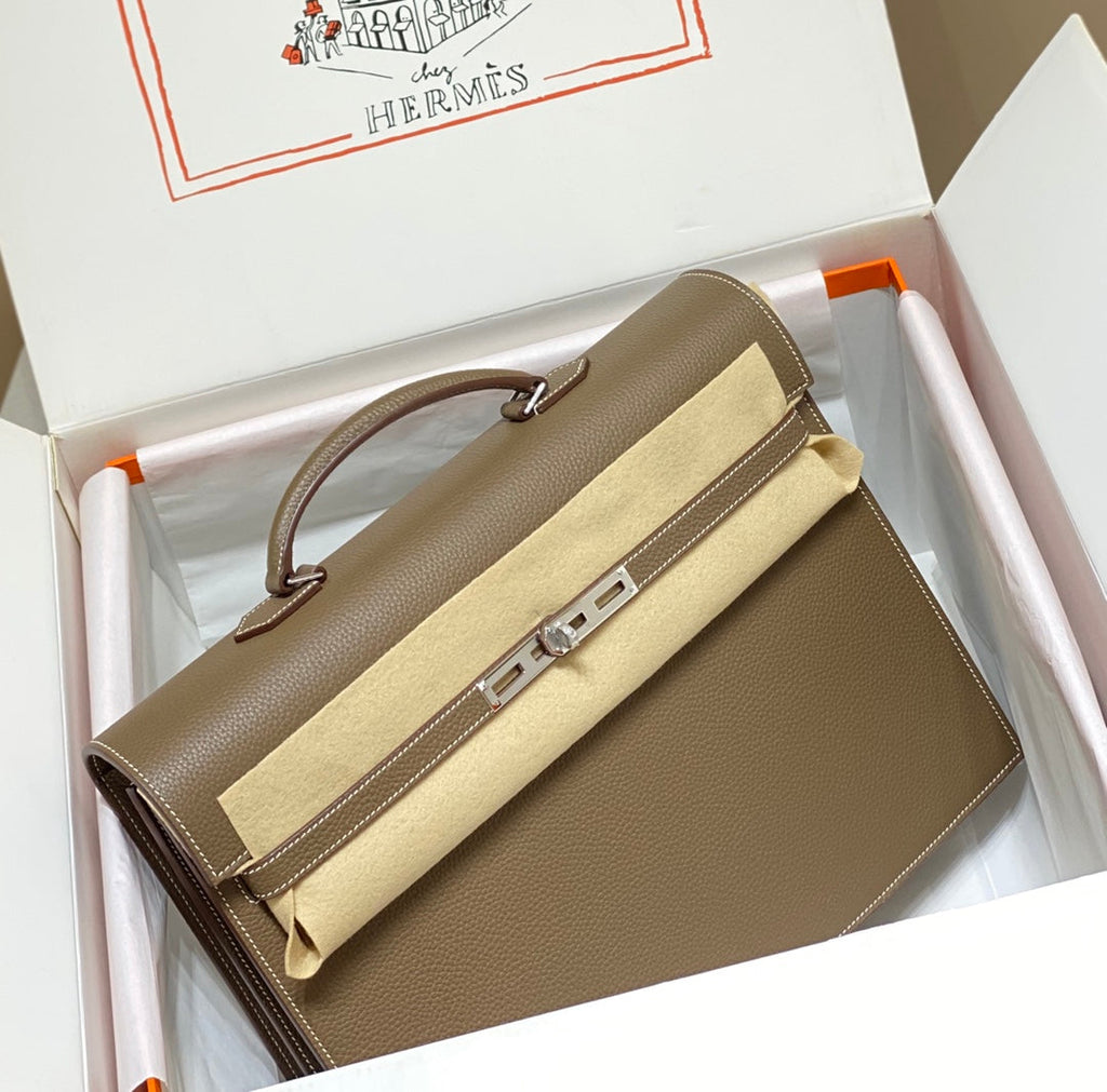 KELLY DEPECHES 38 BRIEFCASE IN ETOUPE TOGO CALFSKIN SILVER HARDWARE