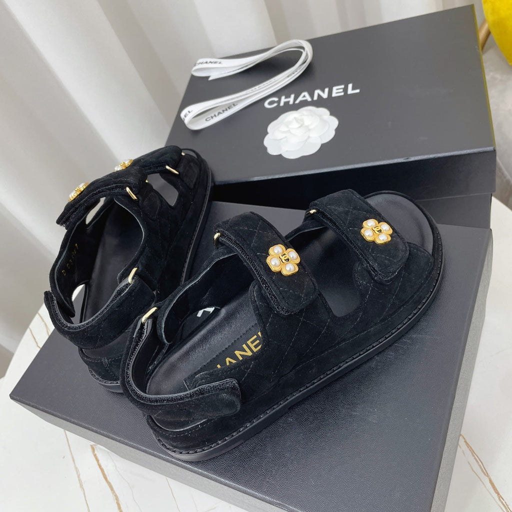 CHANEL 26S SANDALS IN BLACK SUEDE PEARL CAMELLIA EMBELLISHMENT