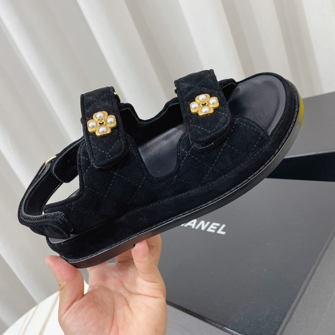 CHANEL 26S SANDALS IN BLACK SUEDE PEARL CAMELLIA EMBELLISHMENT