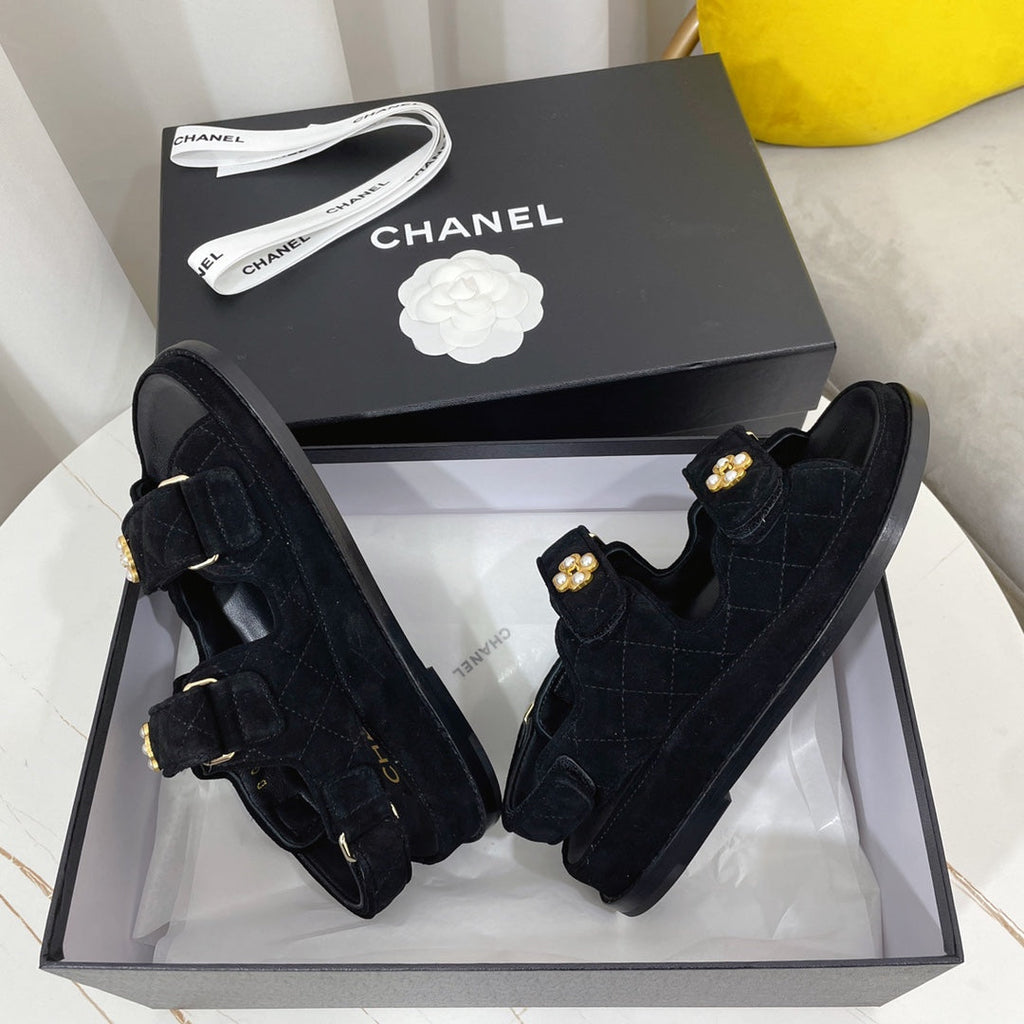 CHANEL 26S SANDALS IN BLACK SUEDE PEARL CAMELLIA EMBELLISHMENT