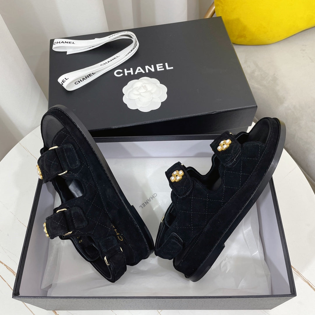 CHANEL 26S SANDALS IN BLACK SUEDE PEARL CAMELLIA EMBELLISHMENT