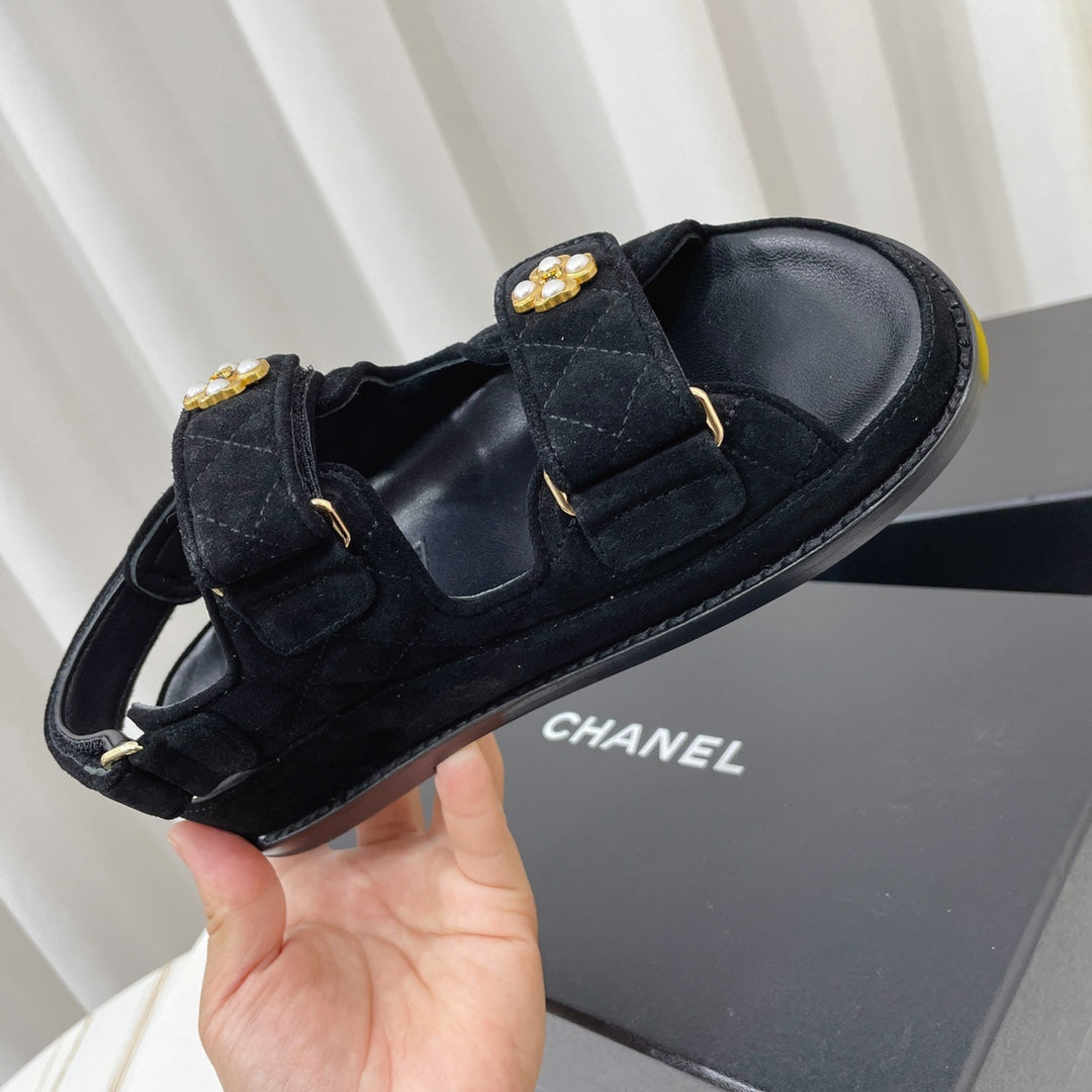 CHANEL 26S SANDALS IN BLACK SUEDE PEARL CAMELLIA EMBELLISHMENT