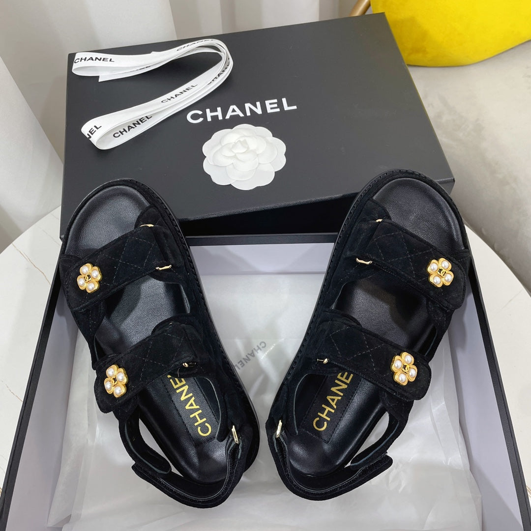 CHANEL 26S SANDALS IN BLACK SUEDE PEARL CAMELLIA EMBELLISHMENT