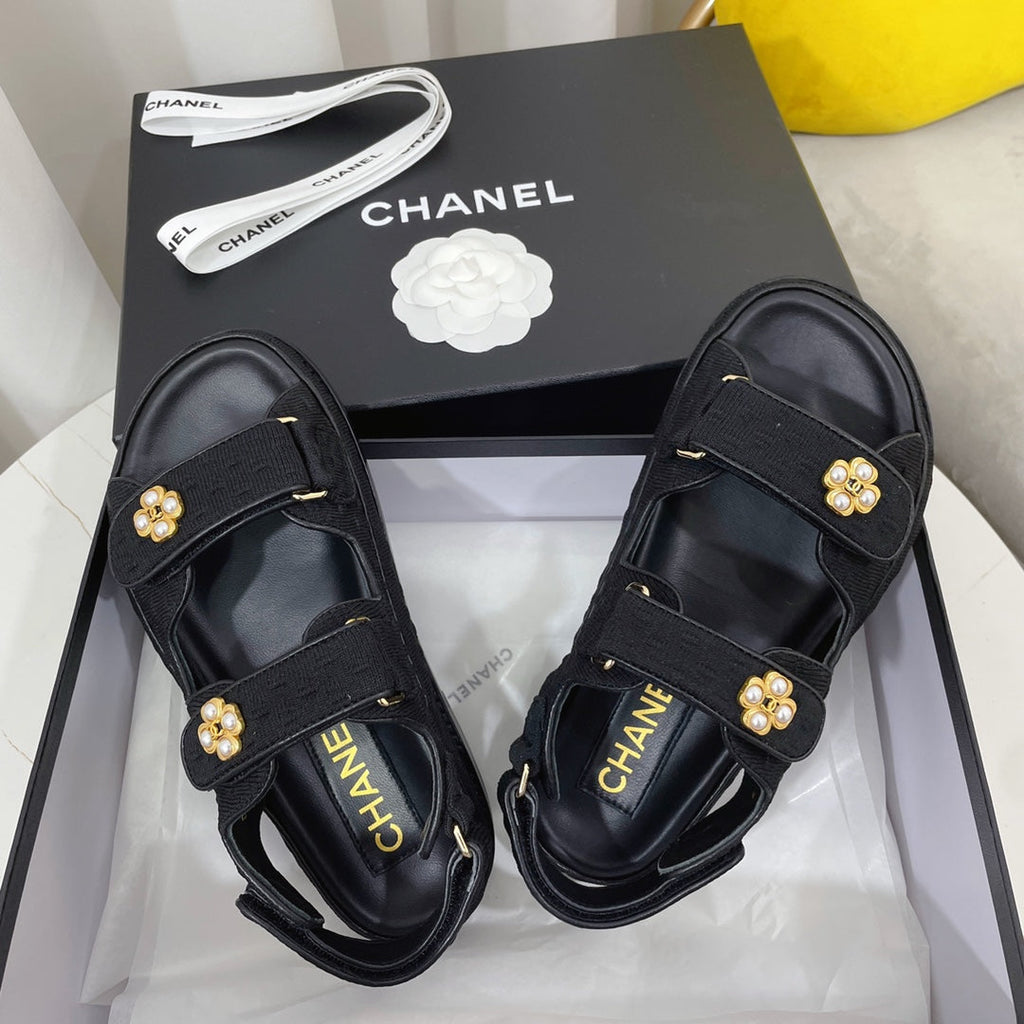 CHANEL 26S SANDALS IN BLACK TEXTURED FABRIC
