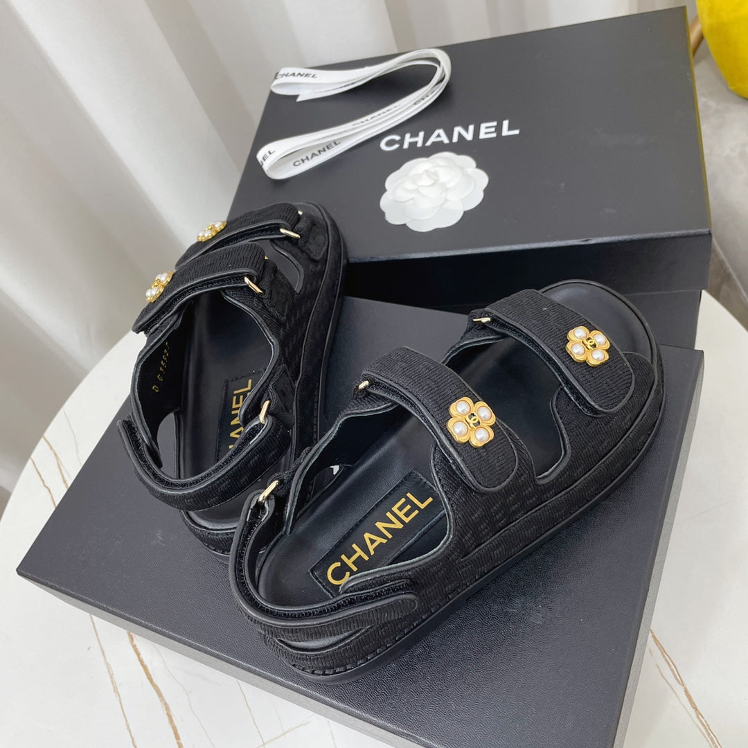 CHANEL 26S SANDALS IN BLACK TEXTURED FABRIC