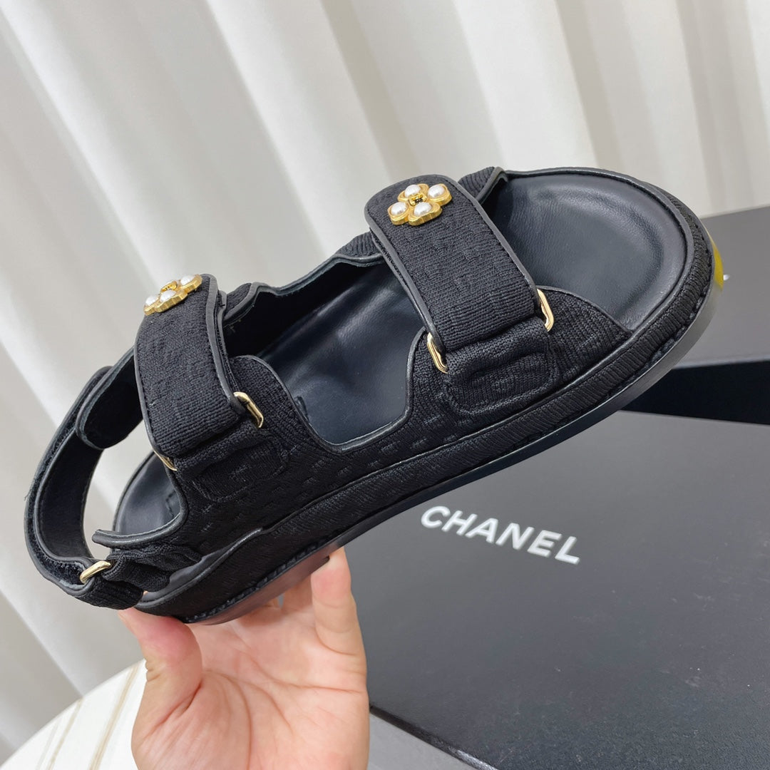 CHANEL 26S SANDALS IN BLACK TEXTURED FABRIC