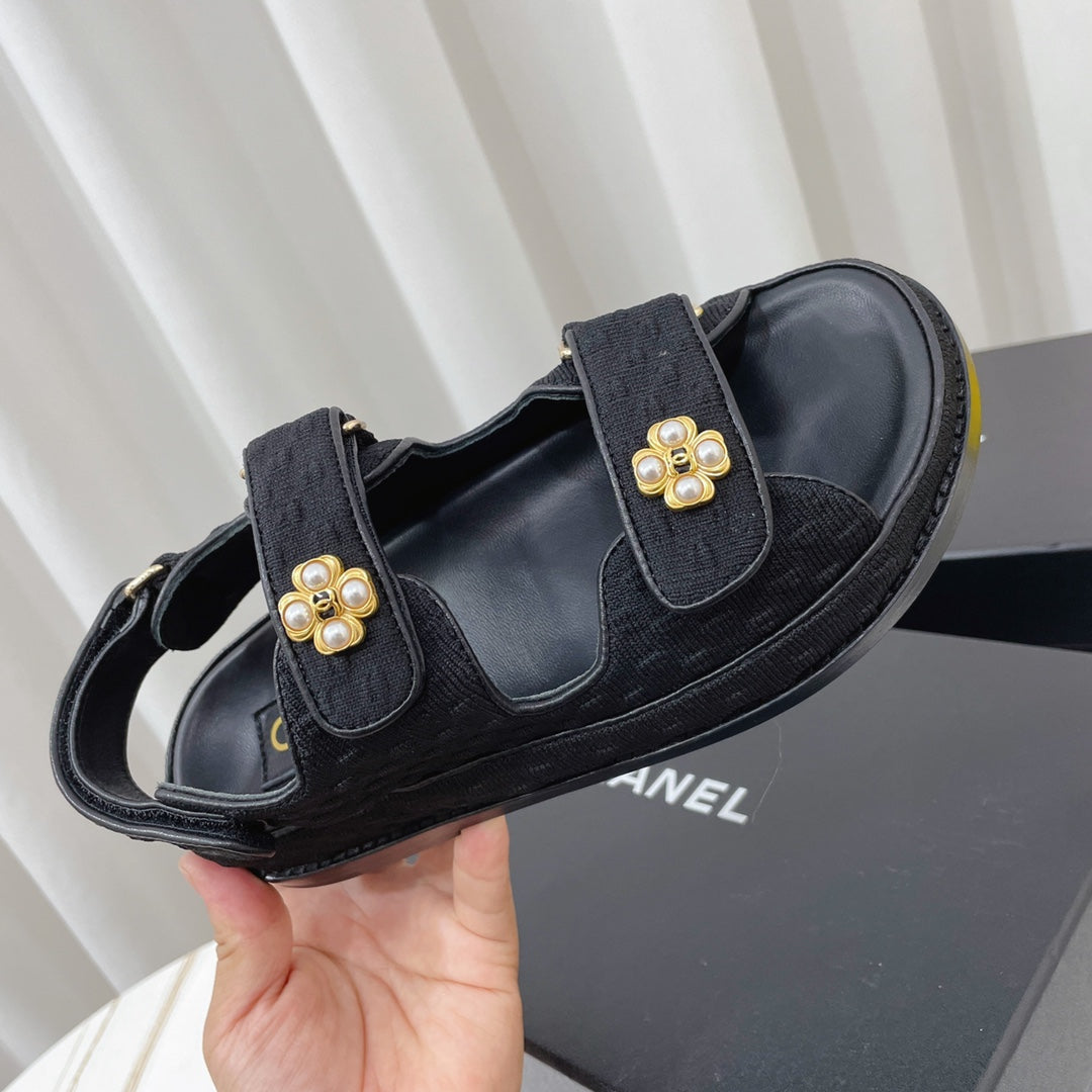 CHANEL 26S SANDALS IN BLACK TEXTURED FABRIC
