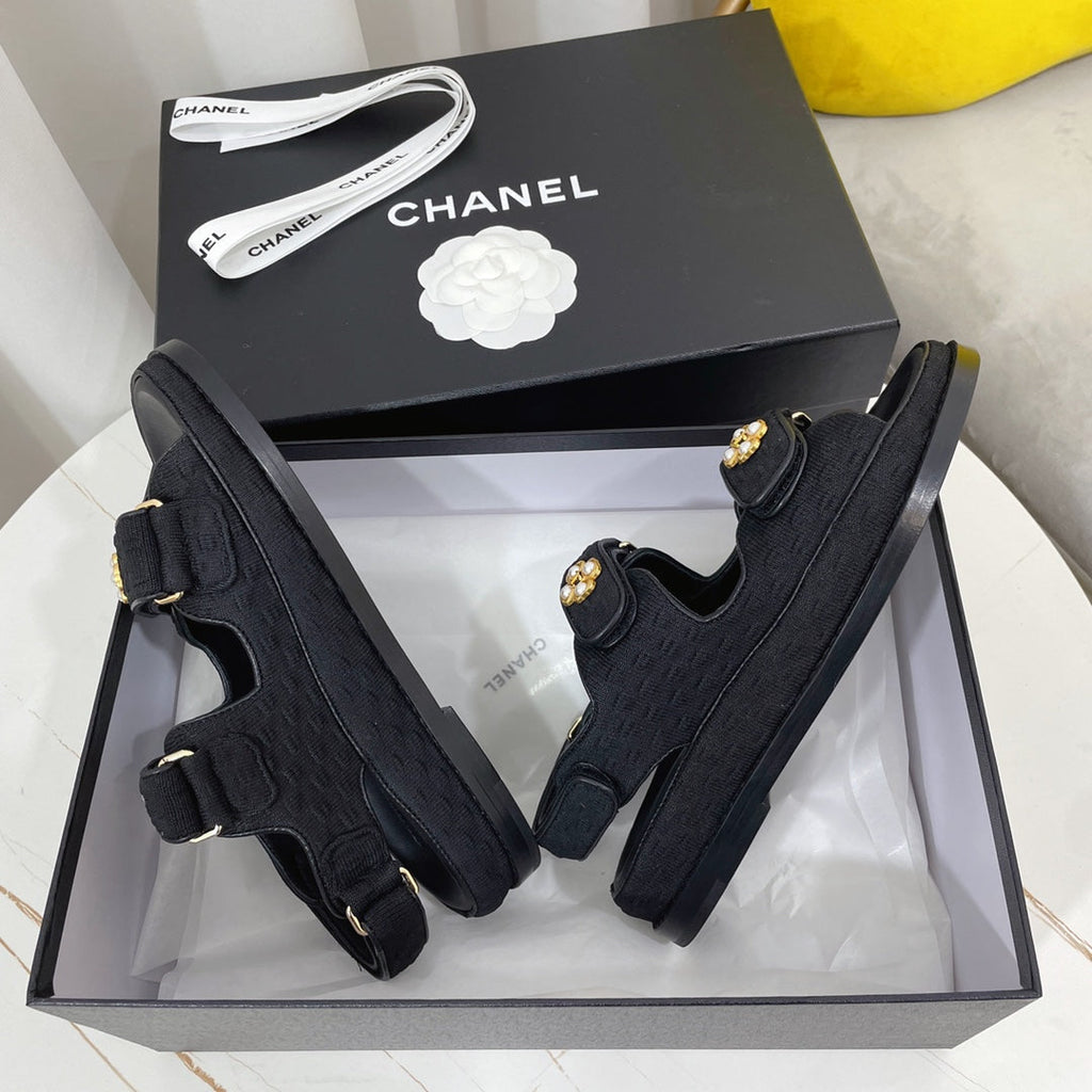 CHANEL 26S SANDALS IN BLACK TEXTURED FABRIC