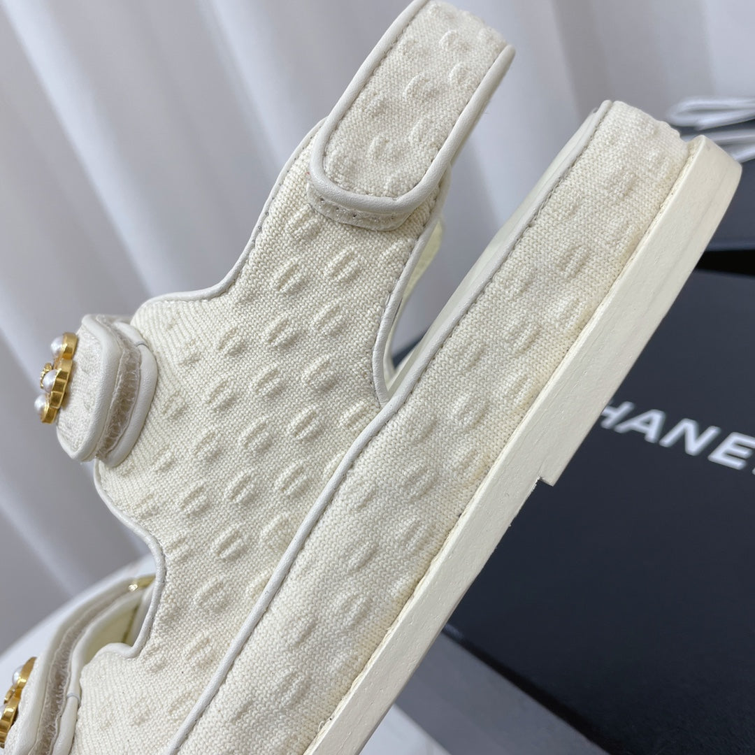 CHANEL 26S SANDALS IN CREAM WHITE TEXTURED FABRIC
