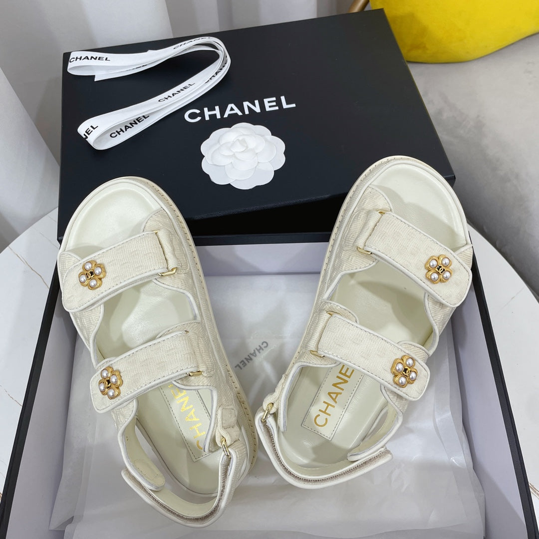 CHANEL 26S SANDALS IN CREAM WHITE TEXTURED FABRIC