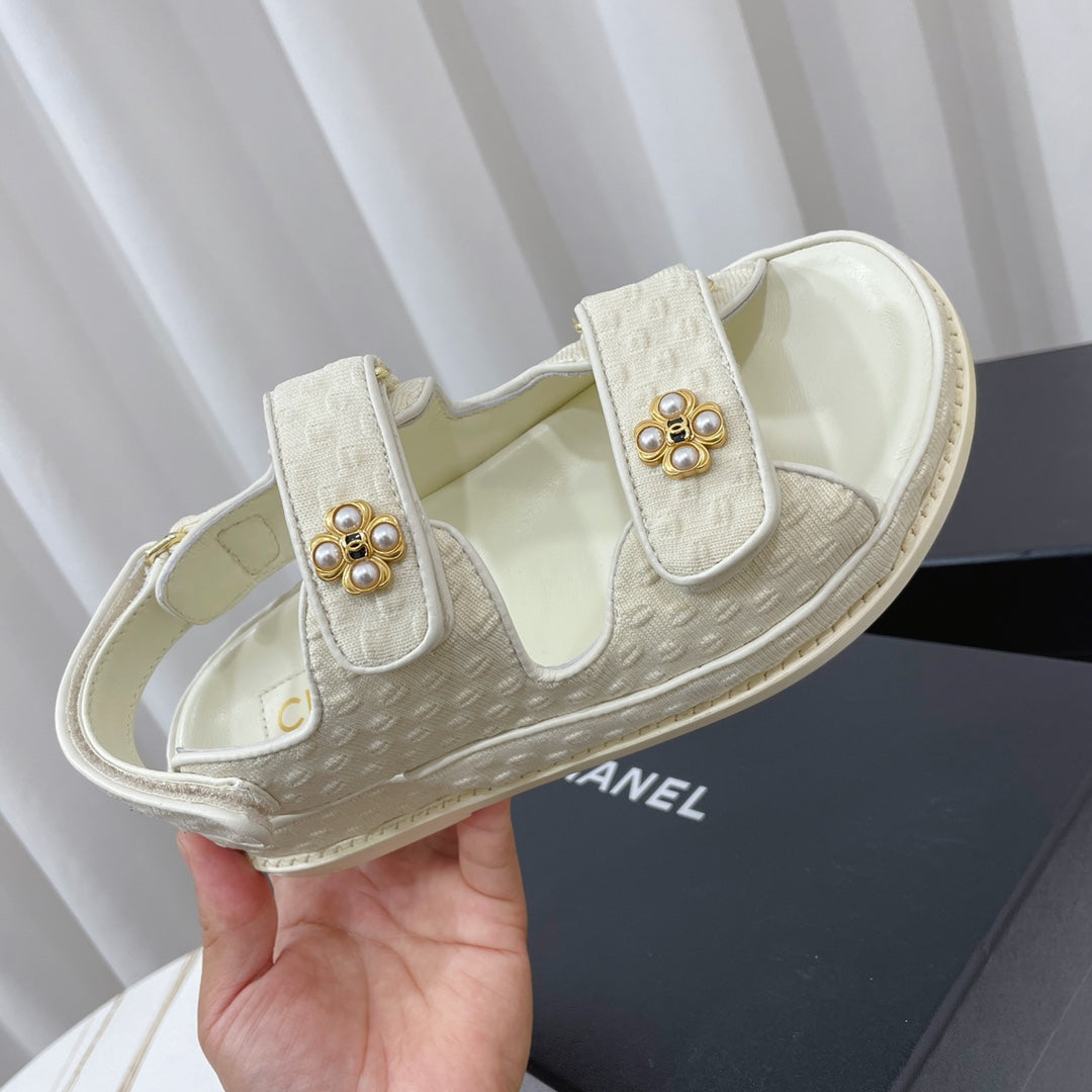 CHANEL 26S SANDALS IN CREAM WHITE TEXTURED FABRIC