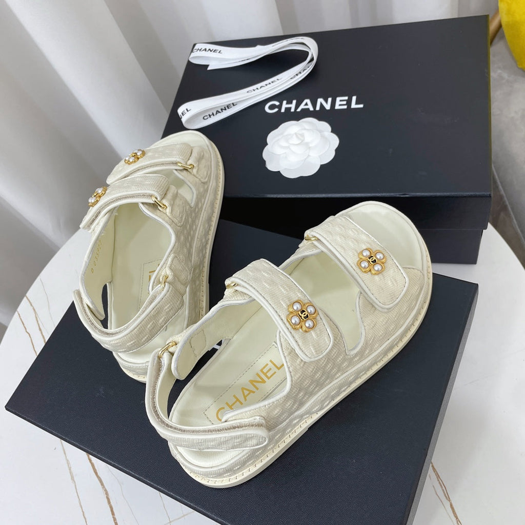 CHANEL 26S SANDALS IN CREAM WHITE TEXTURED FABRIC