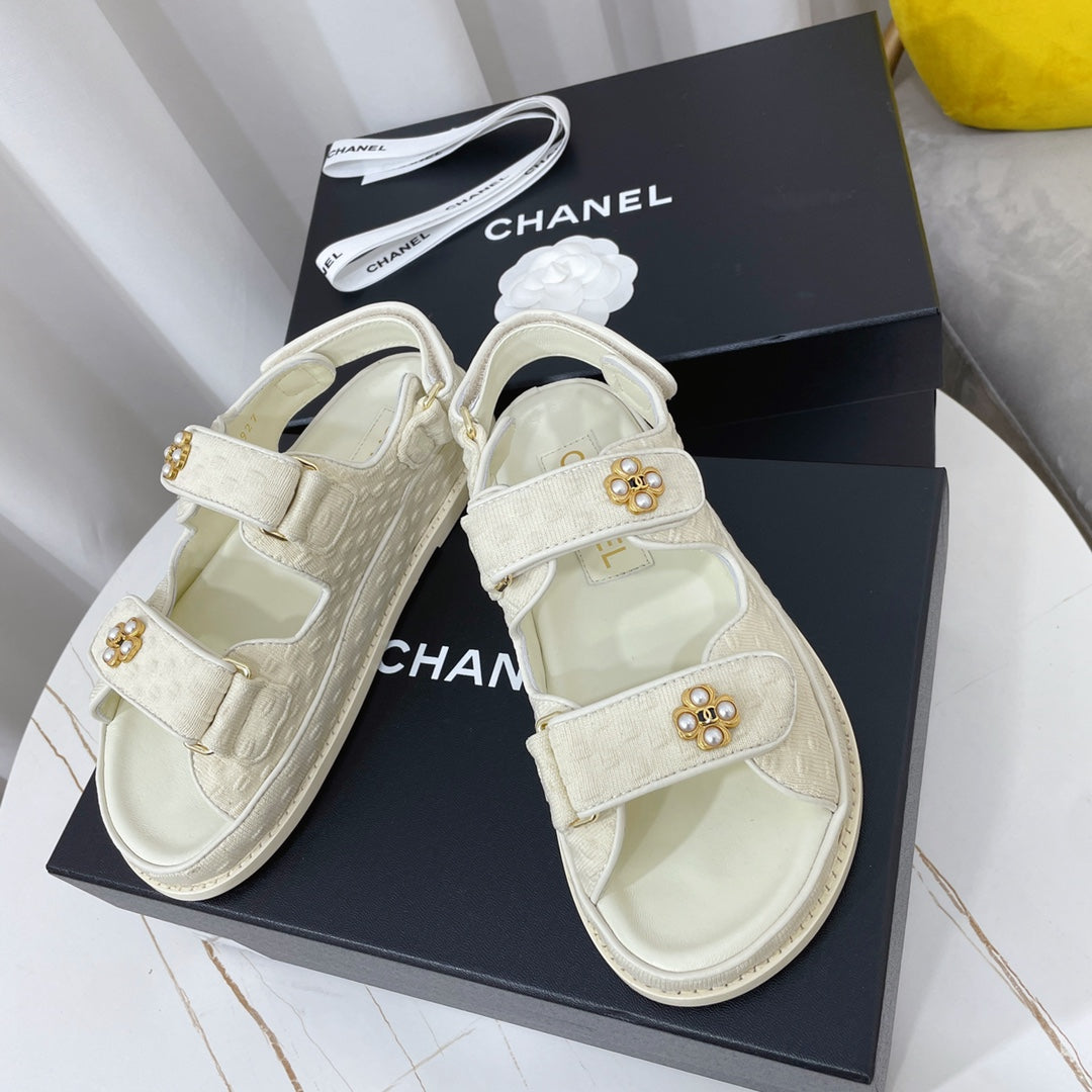 CHANEL 26S SANDALS IN CREAM WHITE TEXTURED FABRIC
